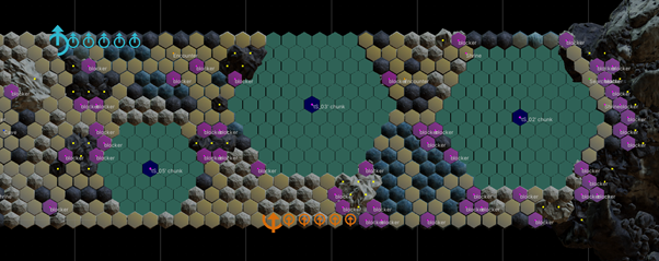 Structure of an area with free path and blocker markings (colored fields) and 3 chunk slots