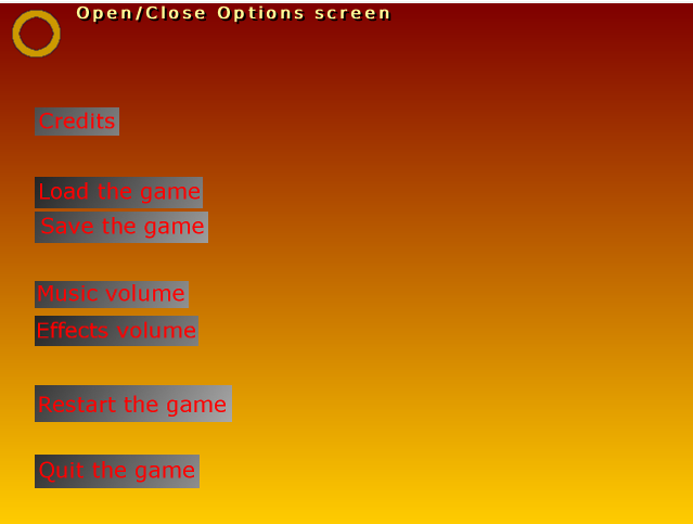 Options screen