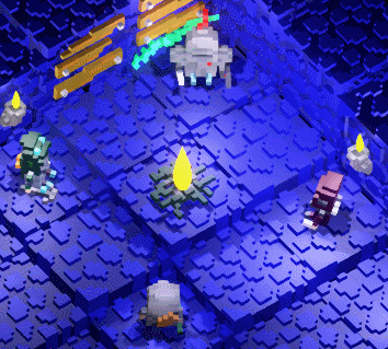 Netherguild's voxel characters relaxing around a bonfire