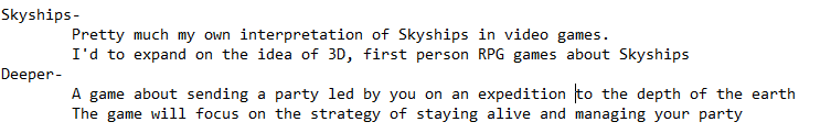 Words in a notepad file describing two game ideas