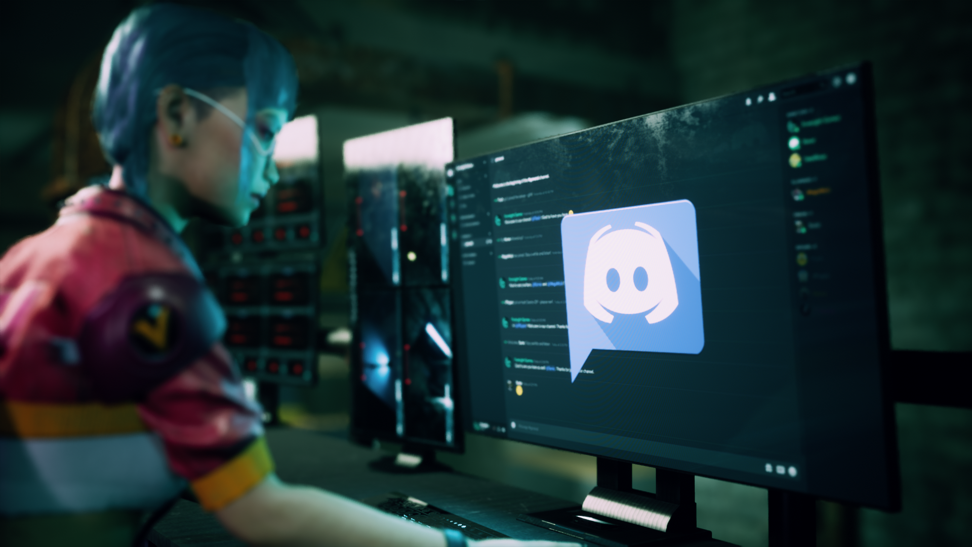 Bubbles at the computer looking at a computer screen with the Discord logo