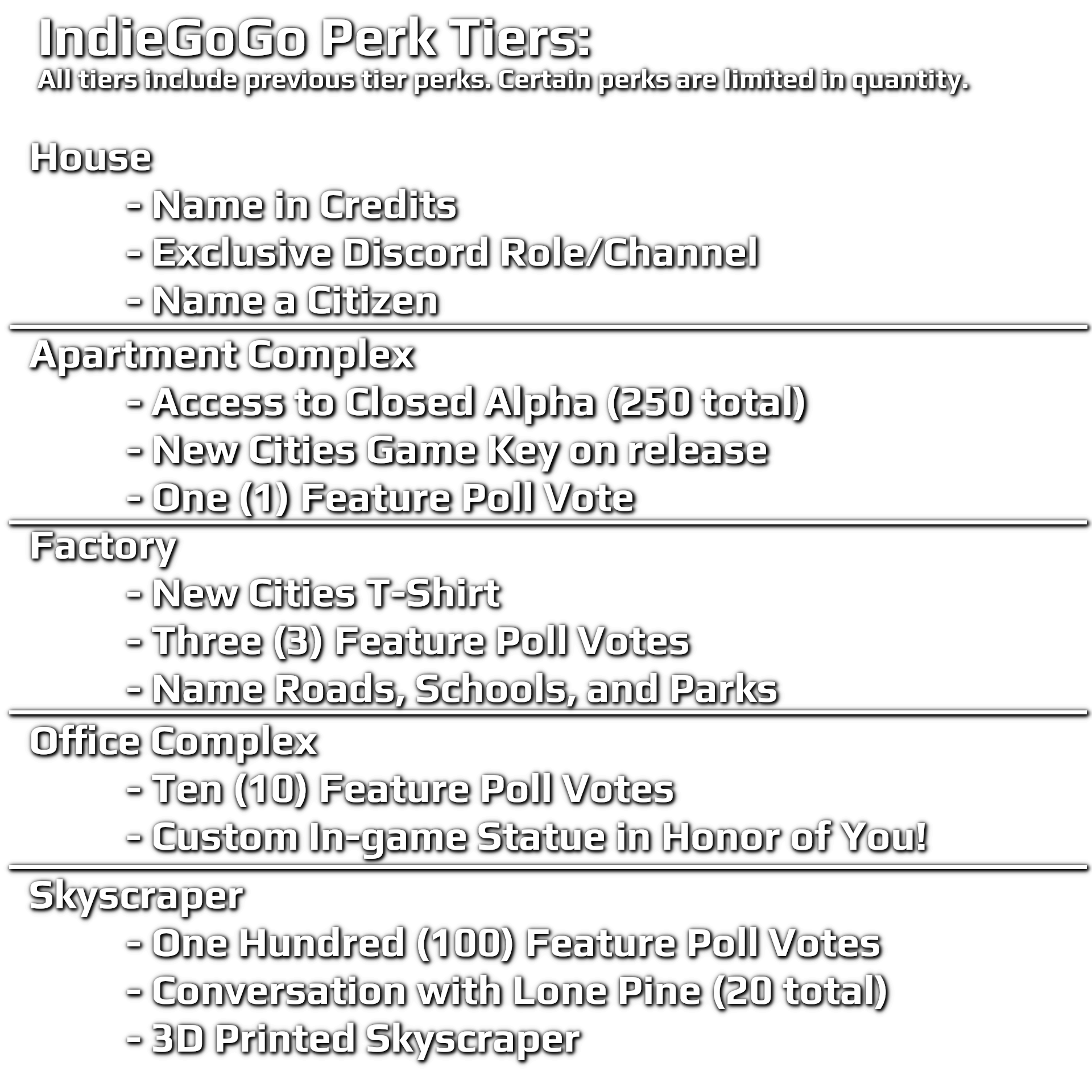New Cities IndieGoGo Perks