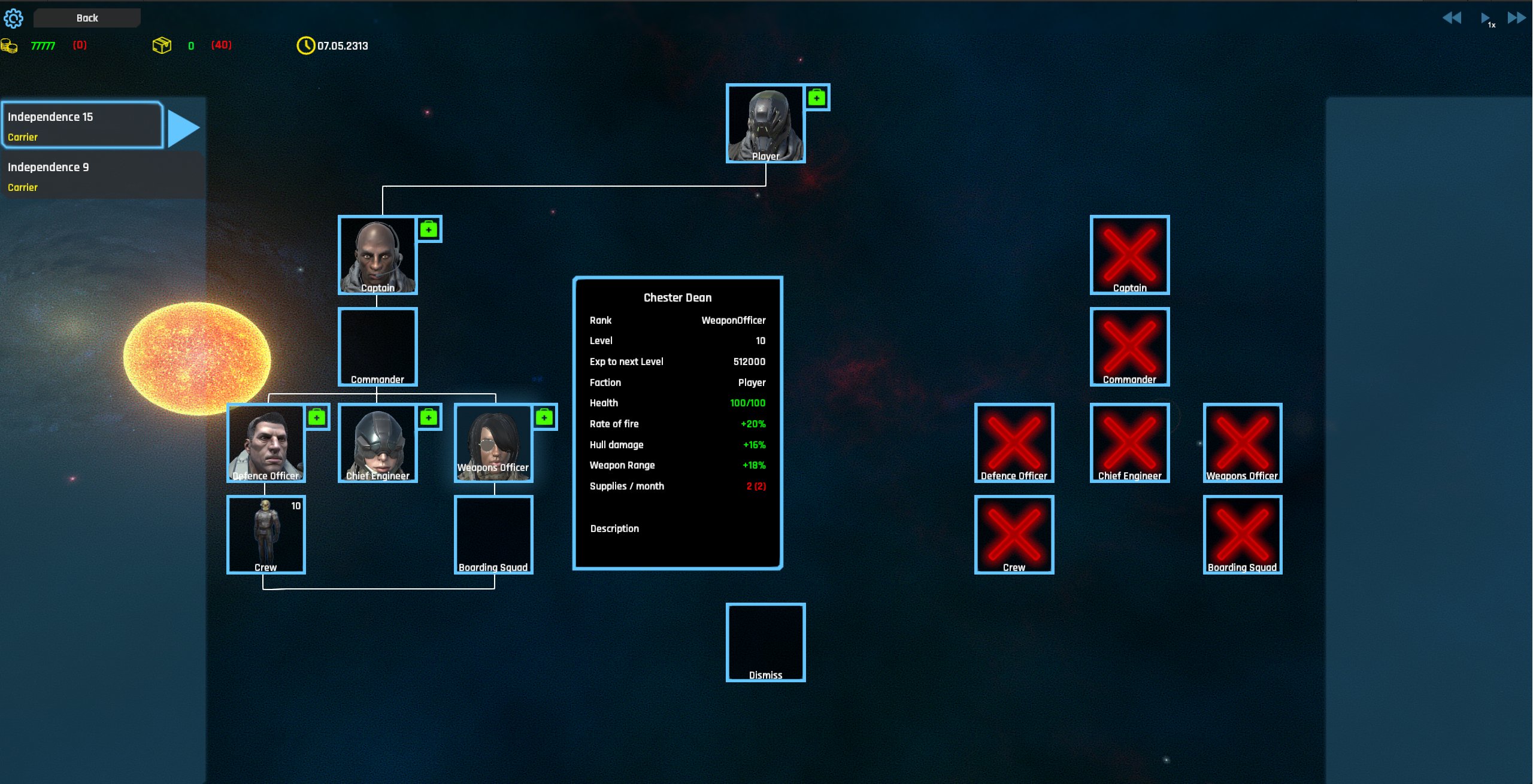 The crew screen where the player can review that fleet's crew and assign its positions.