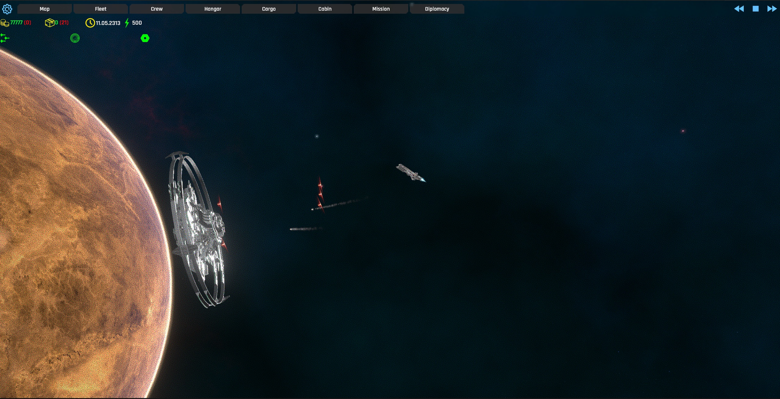 Our fleet consisting only of a lone spaceship is fighting its way through a hostile Space Station.