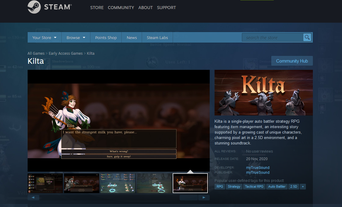 Screenshot of Kilta's Steam Store Page