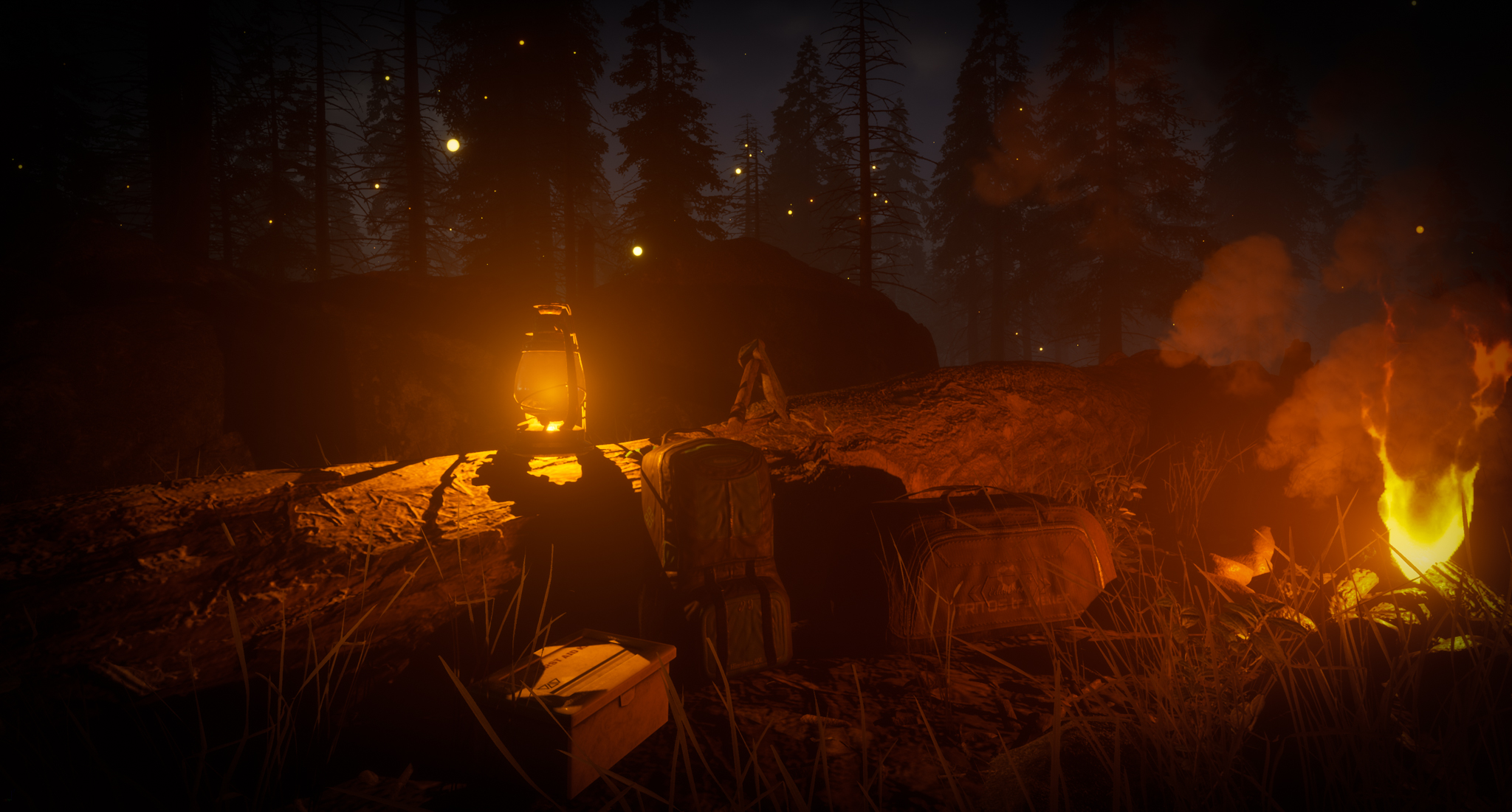 The second At Night screenshot shows a fireplace with camping gear.