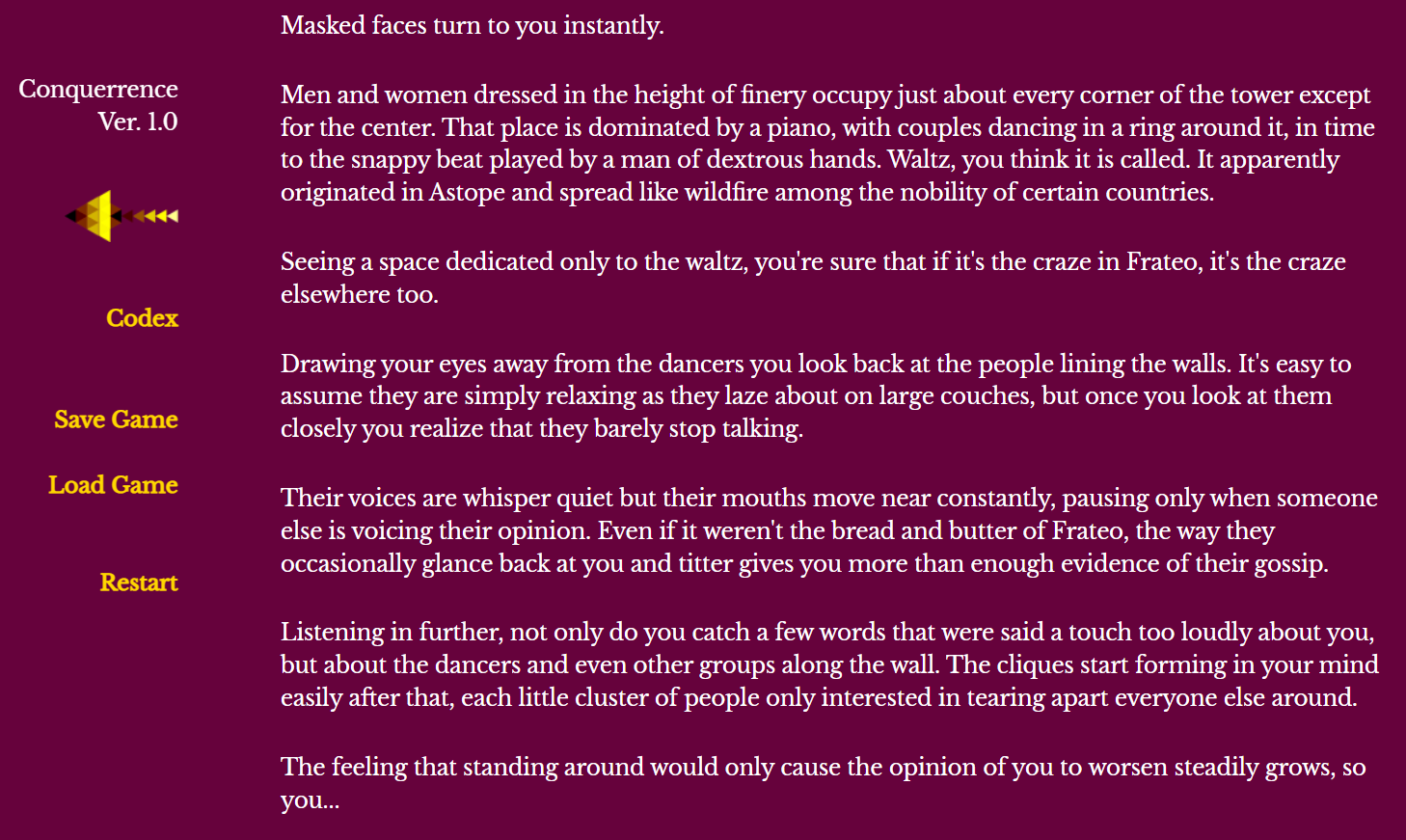 A passage from Conquerrence, detailing the masked court of Frateo and its constant gossip.