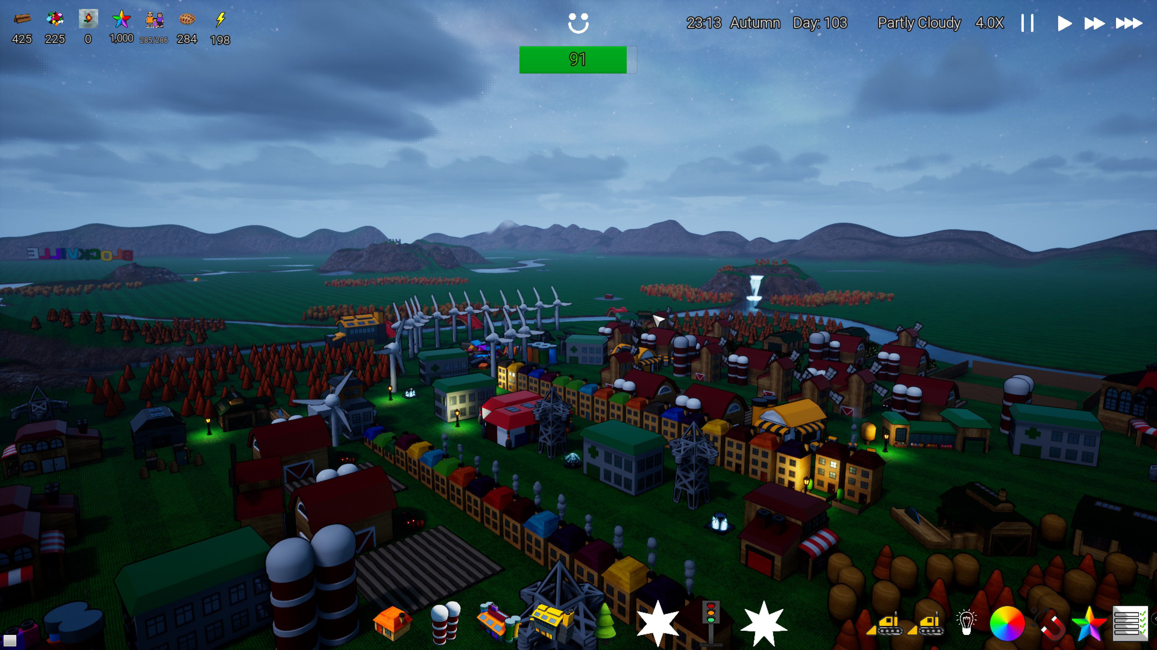 Partly cloudy skies over Blockville