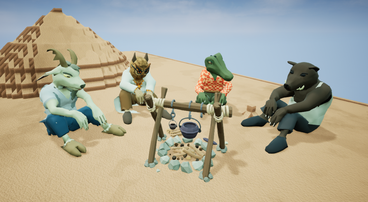 Goat, Owl, Crocodile and Boar are sitting around a fireplace in a voxel desertland