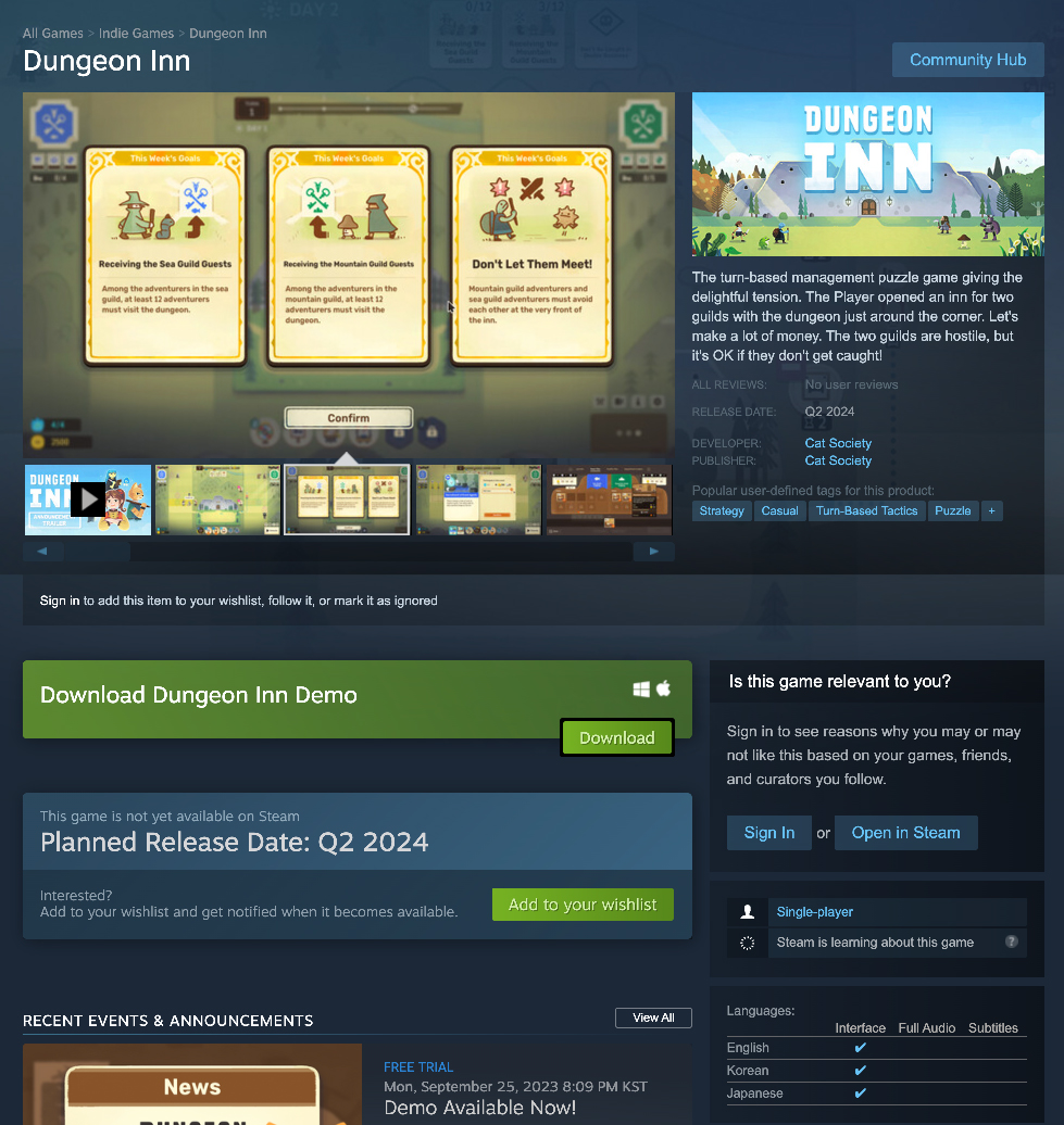Dungeon Inn Steam page