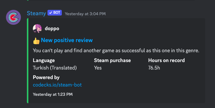 Steam Review posted by Steamy Discord Bot
