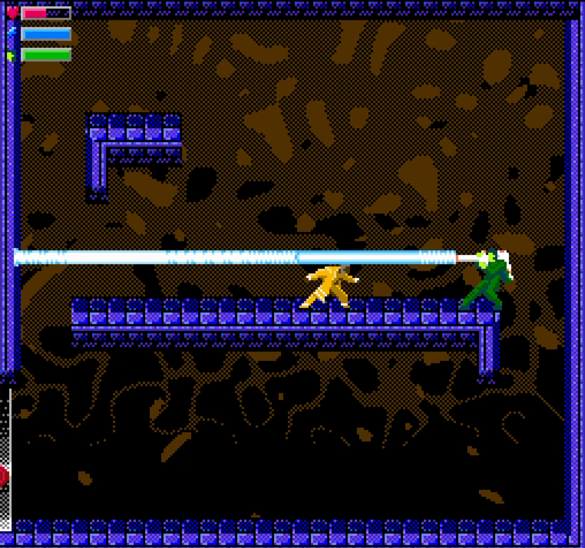 The firefighter player character dodges a deadly laser bean from the level's boss.