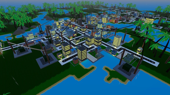 Gameplay showing the city glowing over the topical island map