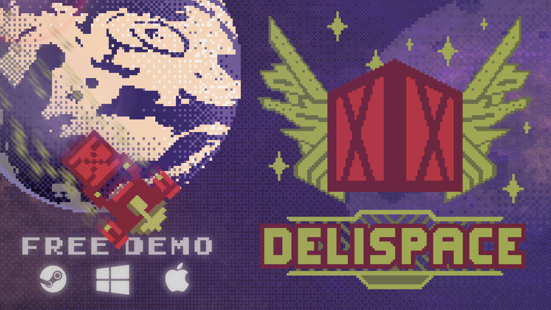 Spaceship flying over a gas giant, pixelart, DeliSpace Logo: a winged package and it's name below, the available platforms: Windows and Mac and Steam platform logo